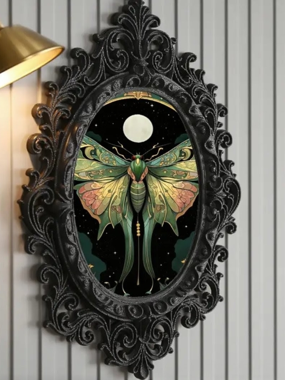 Green and Pink Moth Wall Art in Ornate Plastic Black Frame - Home Wall Decor